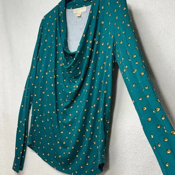 Michael Kors Green Drape Neck Top Medium Gold Print Long Sleeve Blouse - Picture 3 of 11